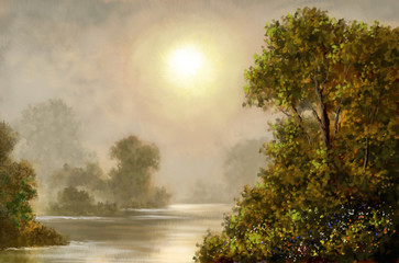 Oil paintings landscape, digital art, river