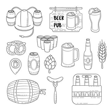 Vector doodle icons. Set of beer symbols. Beer helmet, mug, glass, sausage, barrel, beer pong