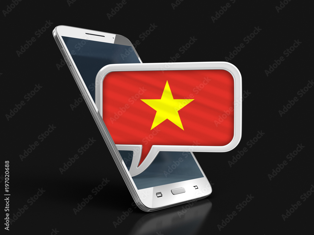 Poster touchscreen smartphone and speech bubble with vietnamese flag. image with clipping path