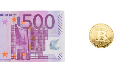 500 Euro gold and bitcoin on a white background. The concept of business and Finance