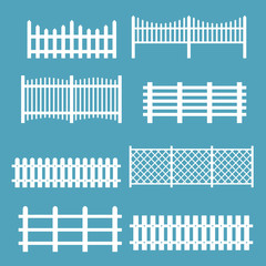 Vector illustration set of different fences white color. Rural silhouettes wooden fences, pickets vector for garden in flat style.