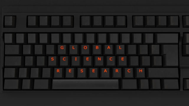 Close Up of Illuminated Glowing Keys on a Black Keyboard Spelling Global Science Research 3d illustration Editorial Manchester UK 19th March 2018 Data breach scandal 