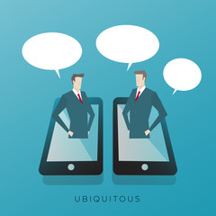 Online Communication, Business Concept Artwork, Vector Flat Design, Business Men Talking Through Display of a Phone, Work People Character Concept