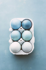 Dyeing eggs for Easter holidays, package of six eggs colored with blue tonality and tint, top view...