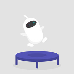 Cute white robot jumping on a trampoline. Active leisure. Flat editable vector illustration, clip art