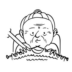 Grandma knitting in car. Vector isolated outline hand drawn illustration of old lady.