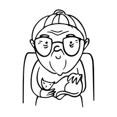 Old lady with glasses stroking a cat. Vector isolated contour sketch.