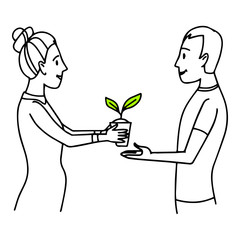 Woman giving a pot with plant to a man. Lifestyle situation illustration. Vector isolated outline sketch.