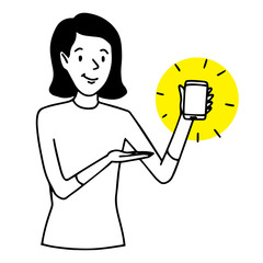 Smiling woman showing a cell phone. Technology presentation situation. Vector isolated outline illustration.