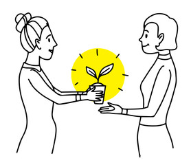 Woman giving a pot with plant to another woman. Lifestyle situation illustration. Vector isolated outline drawing.