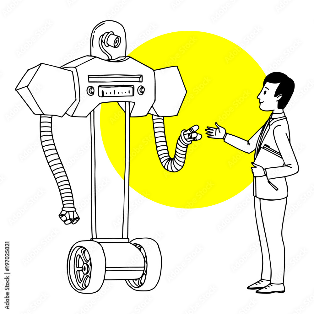 Fototapete man communicating with robot. futuristic situation illustration. vector isolated outline sketch.