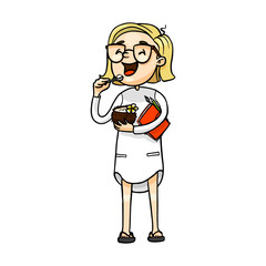 Happy cartoon girl eating a coconut ice cream. Vector isolated hand drawn character.