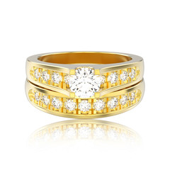 3D illustration isolated yellow gold two shanks decorative diamond ring with reflection