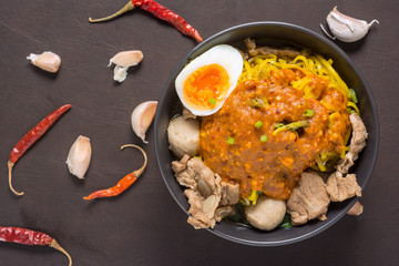 Egg Noodle  Topped spicy sauce. With Space for Text.