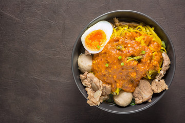 Egg Noodle  Topped spicy sauce. With Space for Text.