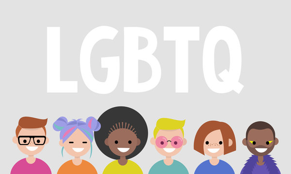 LGBTQ sign. Portraits of young people. LGBT community. Rainbow. Flat editable vector illustration, clip art
