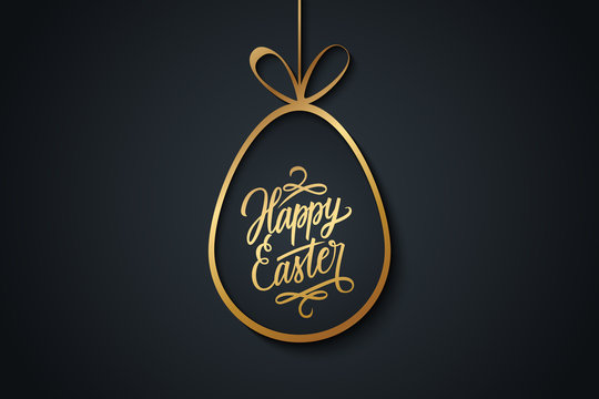 Easter celebrate banner with golden easter egg and handwritten holiday wishes of a Happy Easter on black background. Vector illustration.