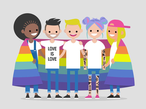 LGBTQ community. Happy hugging young people covered with an LGBT rainbow flag. Flat editable vector illustration, clip art