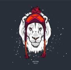 Hipster lion in cap. Vector illustration