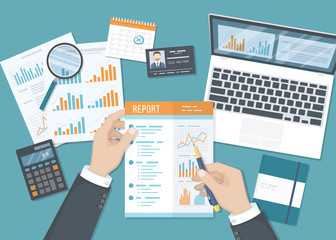Man working with a report. Accounting, research, planning, analysis, audit, calculation. Businessman hands with paper documents, forms, calendar, laptop, calculator. Vector Top view