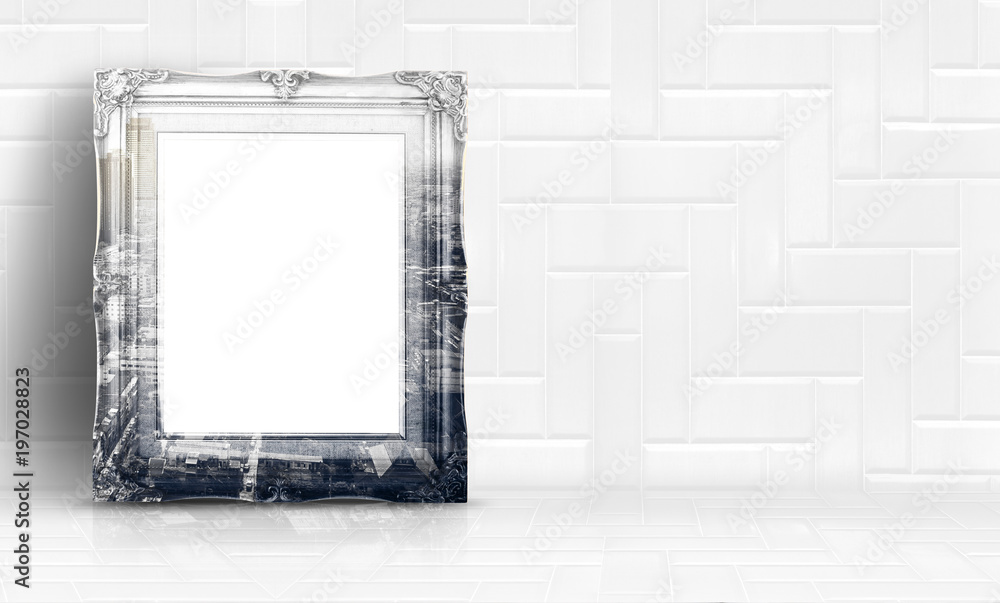 Aufkleber double city exposure frame at white clean marble wall and floor background,minimal simple style inte