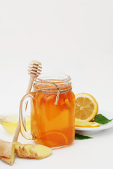 Glass of Fruit tea Dring. Ginger, lemon and Honey. Health food Concept. Healthy Drink.
