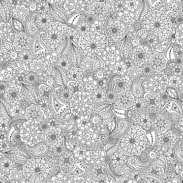 Vector seamless pattern from doodle floral elements -flowers, paisley, leave. Floral coloring page book background anti stress for adult