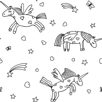 Vector illustration of seamless pattern from cartoon unicorns. Coloring page book for children. Cute background