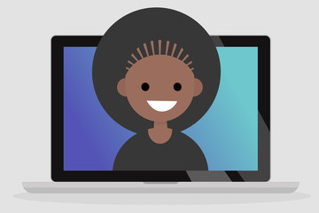 A portrait of smiling millennial black girl on a laptop screen. Communication. Generation z. Flat editable vector illustration, clip art