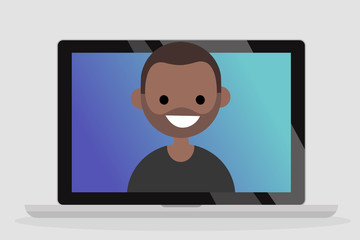 A portrait of smiling millennial black man on a laptop screen. Communication. Generation z. Flat editable vector illustration, clip art