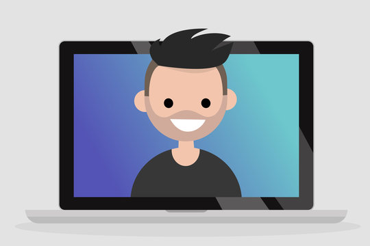A portrait of smiling millennial man on a laptop screen. Communication. Generation z. Flat editable vector illustration, clip art