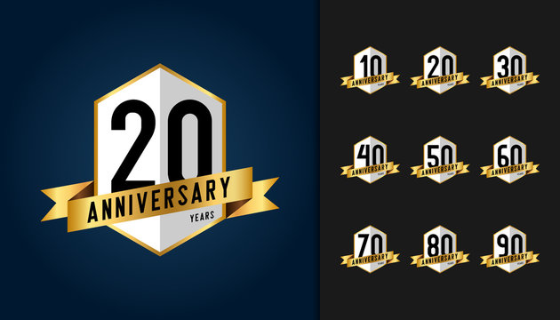 Set of anniversary logotype. Anniversary celebration emblem with ribbon design for booklet, leaflet, magazine, brochure poster, web, invitation or greeting card.