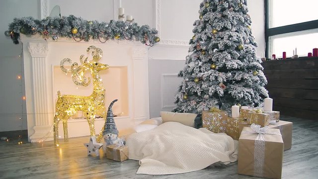 new year decor with gifts, toys and Christmas tree