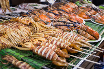 Thai seafood Grilled squid is a street food Bangkok of Thailand.