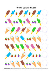 Ice-cream themed educational logic game training sequential pattern recognition: What comes next in the sequence? Answer included.

