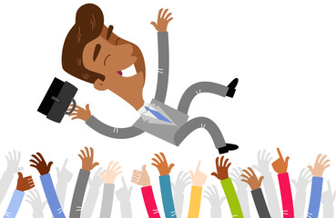 Vector illustration of an asian cartoon businessman celebrated by crowd being thrown in the air isolated on white background