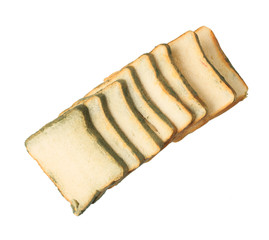 Moldy sliced bread on white background