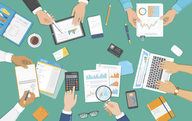 Accounting, audit, business meeting, data analysis, reporting. People at work. Human hands on a table with documents, graphs, charts, notebook, phone, laptop, tablet, calculator. Vector Top view