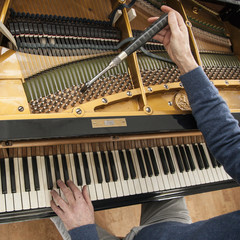 closeup of hand and tools of tuner working on grand piano © ahavelaar