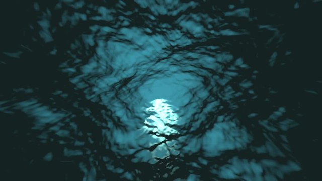 4K Looping animation of water waves from underwater with floating plankton. Light rays shining through. Background. Deep sea dark blue. Motion graphic and animation background.
