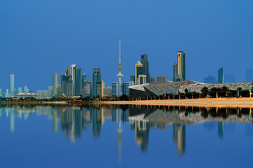 kuwait city landscape during blue hour 