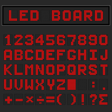 Red LED digital english uppercase font, number and mathematics symbol display on black background