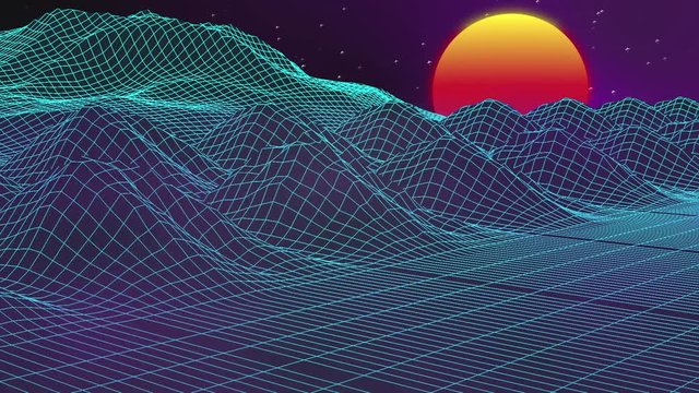 Neon Looping Grid Terrain with Sun Animation. a vintage computer looking animation of blue neon grid mountains passing by with digital sun in background