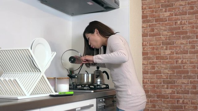 Young Asian woman cooking food at home. Pretty Japanese girl preparing lunch in domestic kitchen. Busy person working as housewife