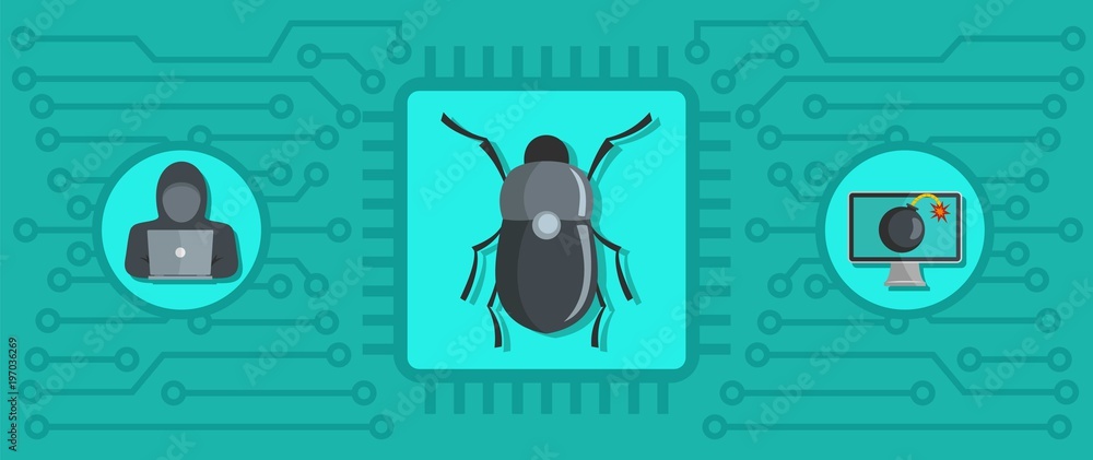 Poster computer thief banner. flat illustration of computer thief vector banner for web