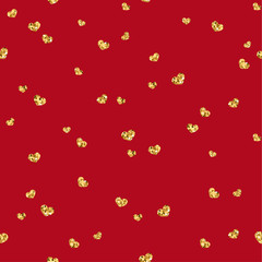 Gold heart seamless pattern. Golden chaotic confetti-hearts on red background. Symbol of love, Valentine day holiday. Design wallpaper, fabric texture. Vector illustration