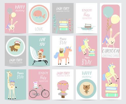 Green pink pastel greeting card with rabbit,whale,book,unicon,giraffe,dog,balloon,bear and hippopotamus