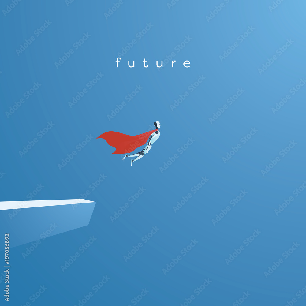 Poster ai or artificial intelligence vector concept with ai robot flying as superhero. symbol of future tec