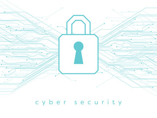 Data, online, cyber security vector illustration with padlock and printed circuit board lines.