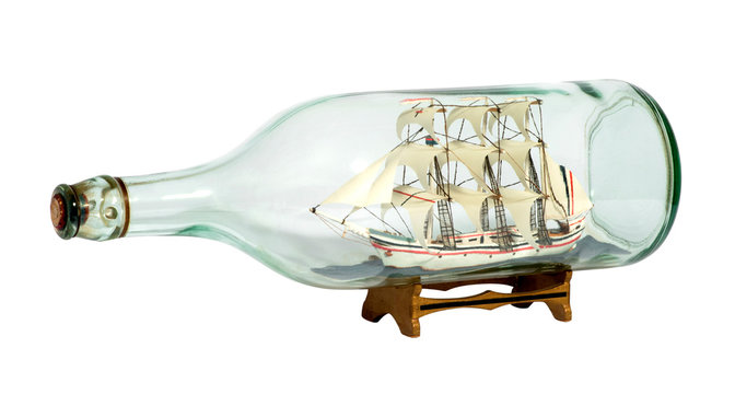 Model sailing ship in a glass bottle